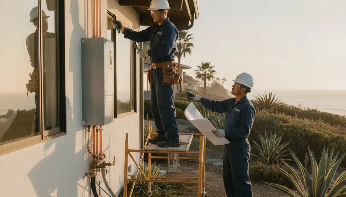 Plumber repairing a pipe in Escondido, CA for fast plumbing service