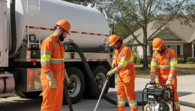 Septic pumping service truck for Escondido, CA homes on call for plumbing repairs