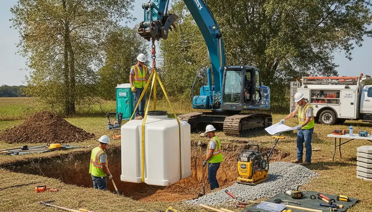 Septic tank installation for Escondido, CA home by professional plumber with excavation equipment