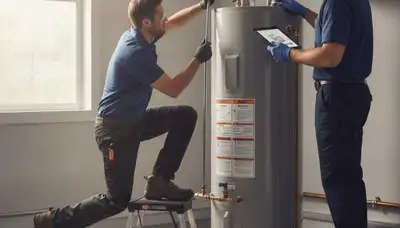 Water heater repair technician servicing a unit in Escondido, CA on-call plumbers